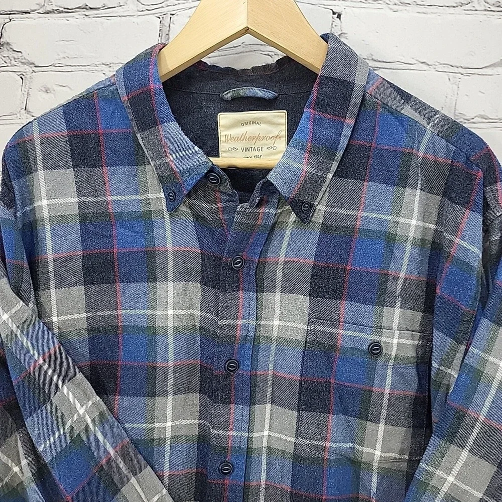 Weatherproof Vintage Flannel Shirt Mens XXL Blue Gray‎ Plaid Button Front
